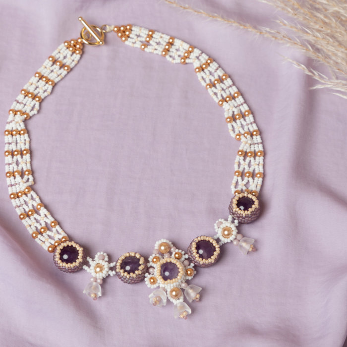 Beadwork Necklace with Purple Flowers Inspi366