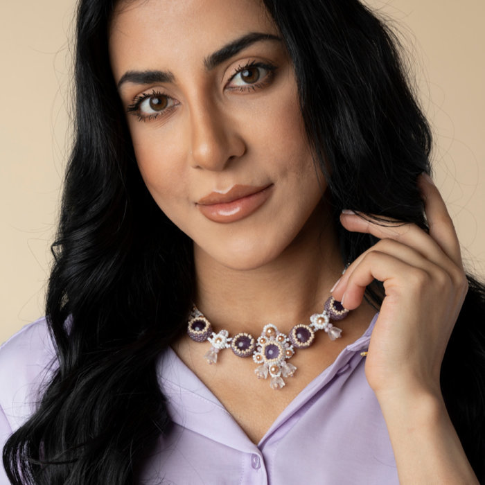 Beadwork Necklace with Purple Flowers Inspi366