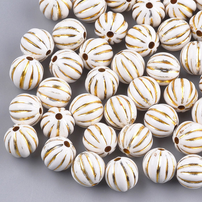 Vintage Acryl Beads Round Gold White 9.5x10mm, 20 pieces