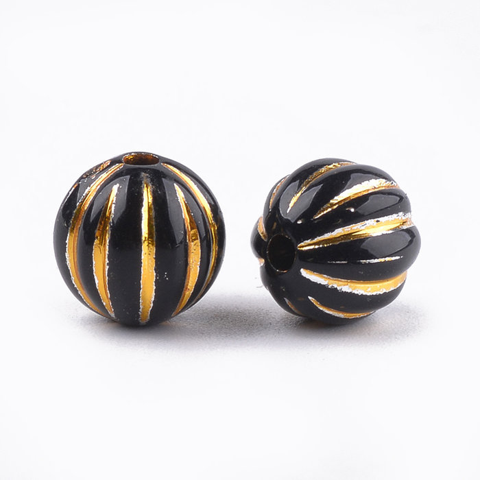 Vintage Acryl Beads Round Gold Black 9.5x10mm, 20 pieces
