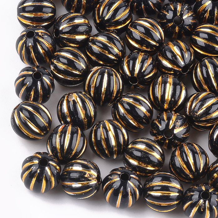 Vintage Acryl Beads Round Gold Black 9.5x10mm, 20 pieces