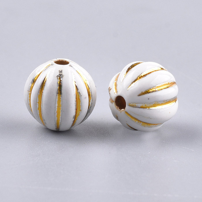 Vintage Acryl Beads Round Gold White 9.5x10mm, 20 pieces