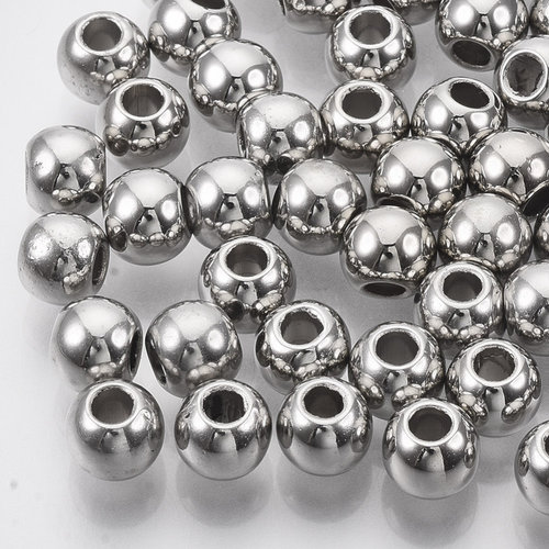 50 Pieces Metal Look Beads Round Silver 6.5x5.5mm 