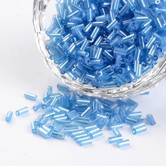 10 grams Bugle Beads Sky Blue Shine 4~5x1.5~2mm
