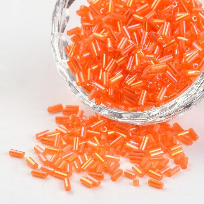 10 gram Bugle Beads Rainbow Oranje Shine 4~5x1.5~2mm