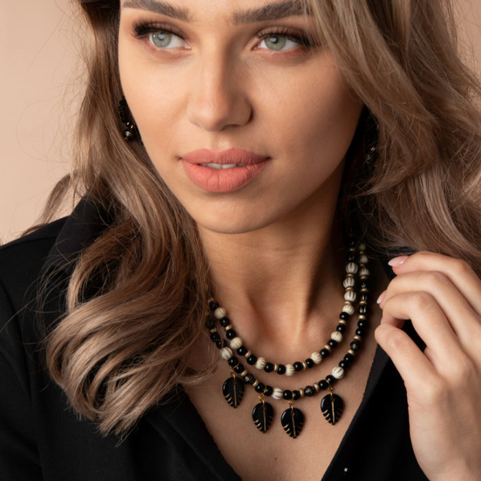 String a Double Necklace with Vintage Acrylic Beads Black and Beige Inspi372