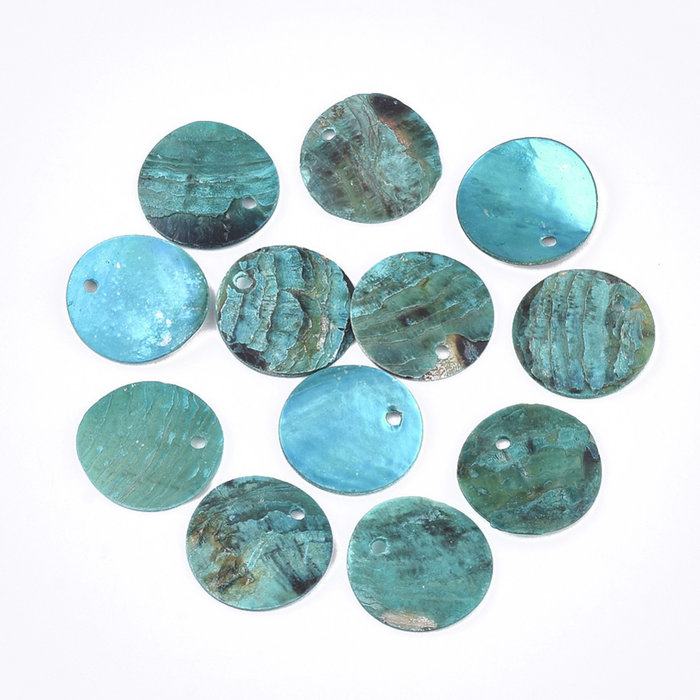 Natural Akoya Shell Charm Round Turquoise 15x2mm, 20 Pieces