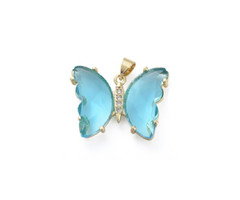Crystal Glass Charm Butterfly With Zirconia Cyan 20x26x5mm