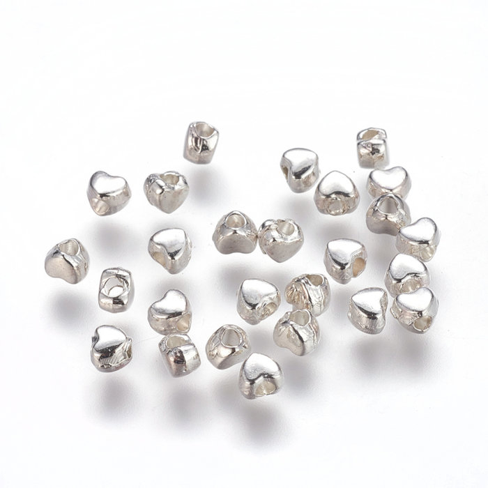 Metalen Hart Kraal Zilver Nikkelvrij 4x4, 20 stuks