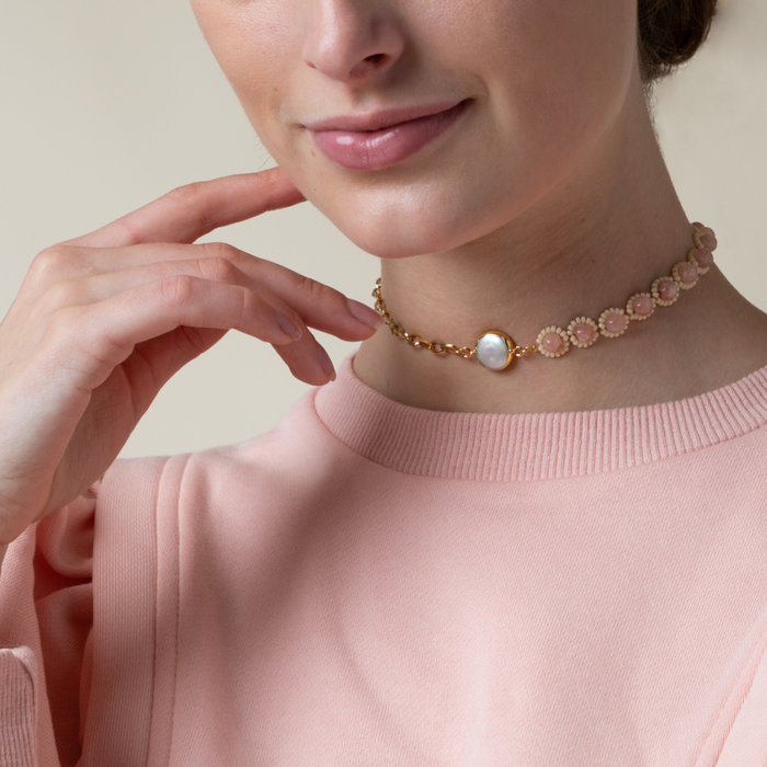 Choker Necklace with Freshwater Pearls and Gemstones Inspi408