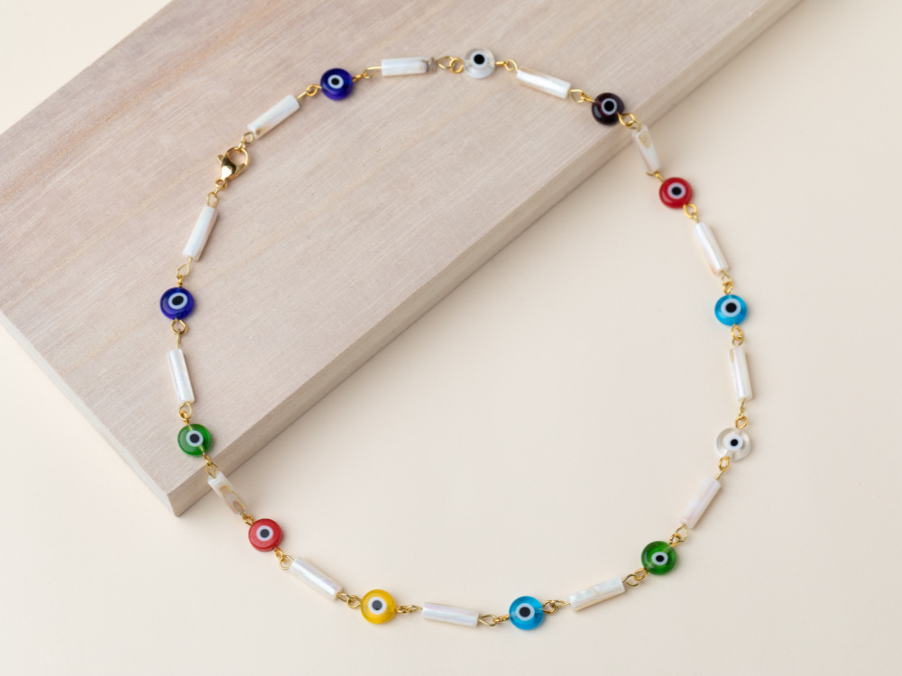 Turkish Evil Eye Necklace with sky-blue round beads