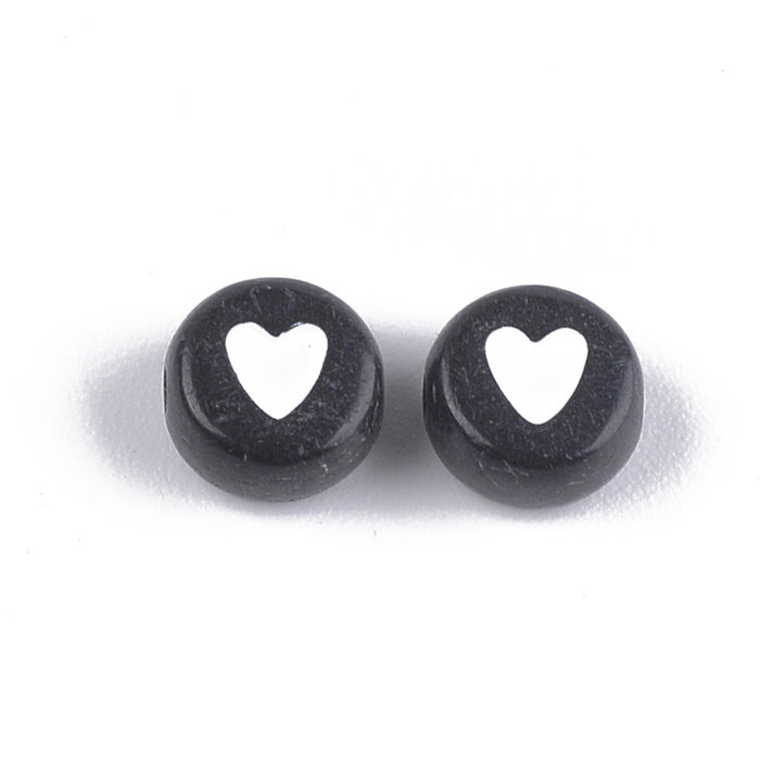 Acryl Kralen Hart Zwart met Wit 7x3.5mm, 25 Stuks