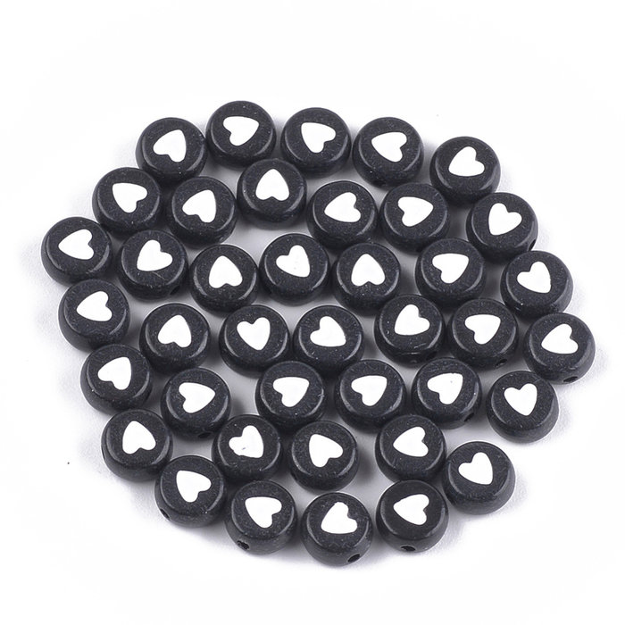 Acryl Kralen Hart Zwart met Wit 7x3.5mm, 25 Stuks