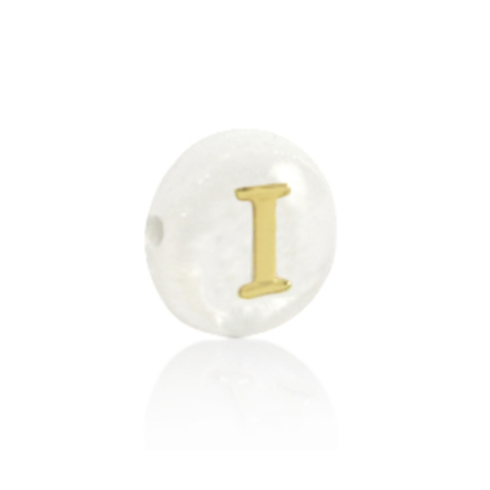 Alphabet Letter Shell Bead Mother of Pearl White 6x4mm with Golden letter I