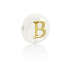 Alphabet Letter Shell Bead Mother of Pearl White 6x4mm with Golden letter B