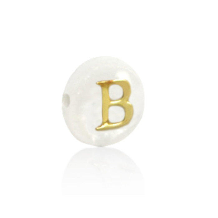 Alphabet Letter Shell Bead Mother of Pearl White 6x4mm with Golden letter B