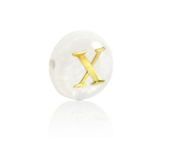 Alphabet Letter Shell Bead Mother of Pearl White 6x4mm with Golden letter X