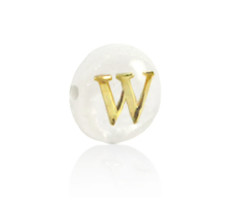Alphabet Letter Shell Bead Mother of Pearl White 6x4mm with Golden letter W