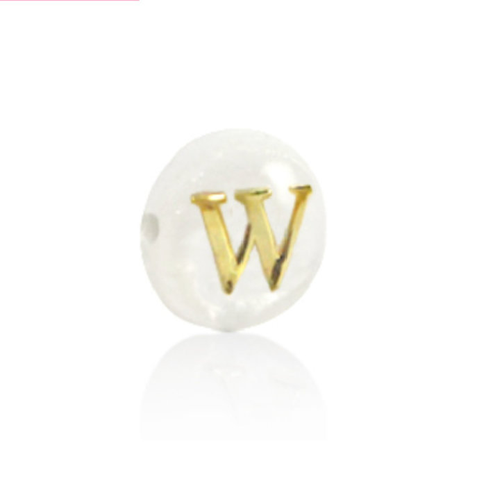 Alphabet Letter Shell Bead Mother of Pearl White 6x4mm with Golden letter W