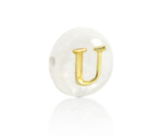 Alphabet Letter Shell Bead Mother of Pearl White 6x4mm with Golden letter U