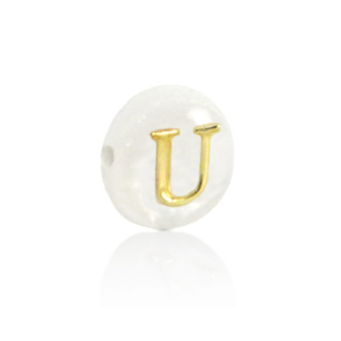 Alphabet Letter Shell Bead Mother of Pearl White 6x4mm with Golden letter U