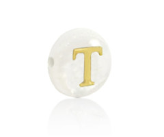 Alphabet Letter Shell Bead Mother of Pearl White 6x4mm with Golden letter T
