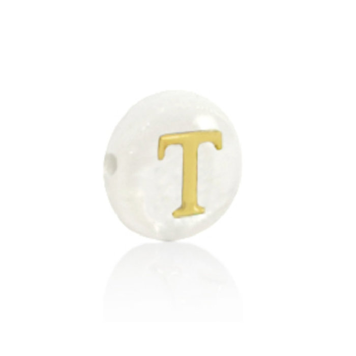 Letterkraal Wit Parelmoer Schelpkraal 6x4mm met Gouden Letter T