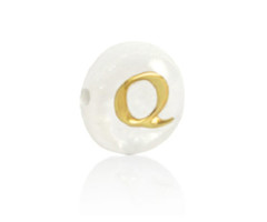 Alphabet Letter Shell Bead Mother of Pearl White 6x4mm with Golden letter Q