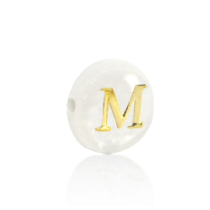 Alphabet Letter Shell Bead Mother of Pearl White 6x4mm with Golden letter M