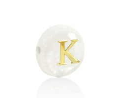 Alphabet Letter Shell Bead Mother of Pearl White 6x4mm with Golden letter K