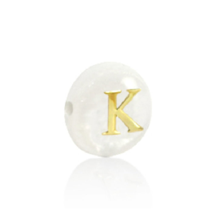 Alphabet Letter Shell Bead Mother of Pearl White 6x4mm with Golden letter K
