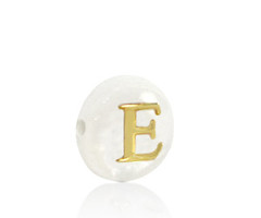 Alphabet Letter Shell Bead Mother of Pearl White 6x4mm with Golden letter E