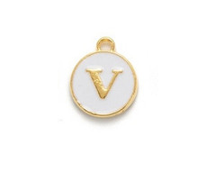 Initial Charm 14x12x2mm White with Golden Letter V