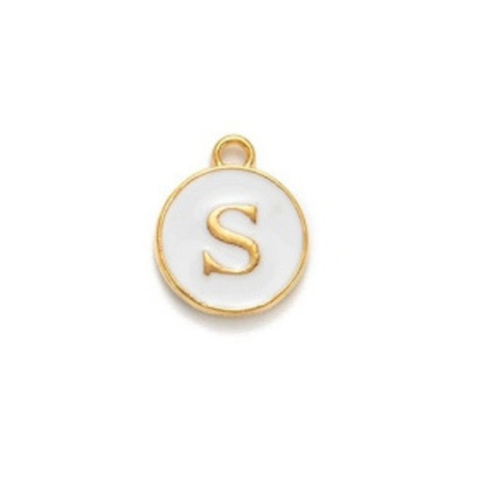 Initial Charm 14x12x2mm White with Golden Letter S