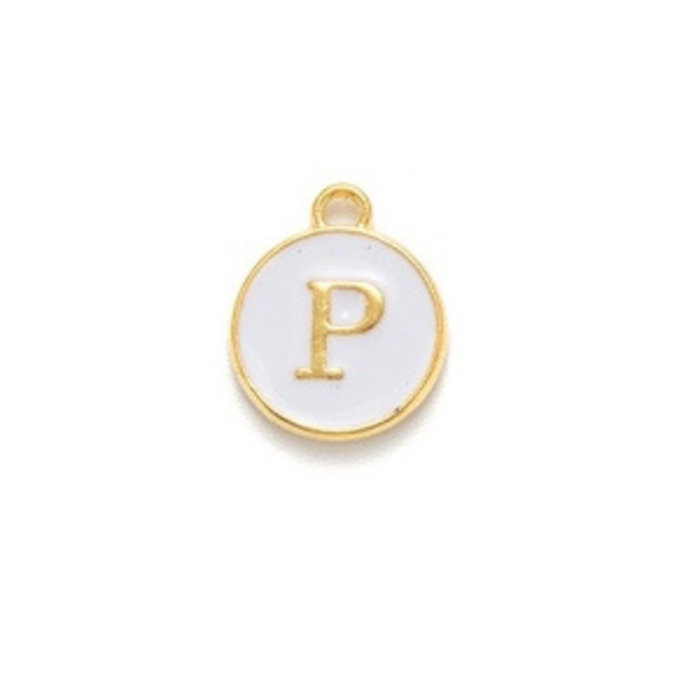 Initial Charm 14x12x2mm White with Golden Letter P