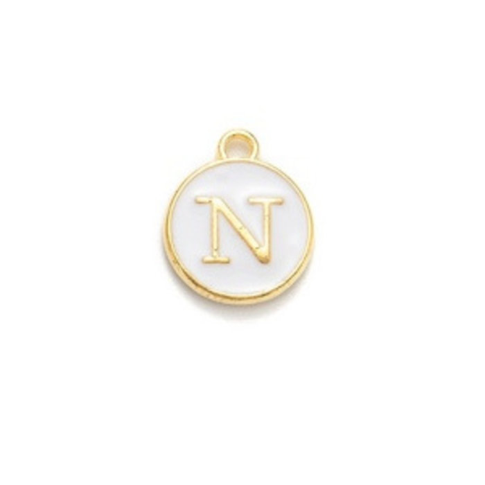 Initial Charm 14x12x2mm White with Golden Letter N