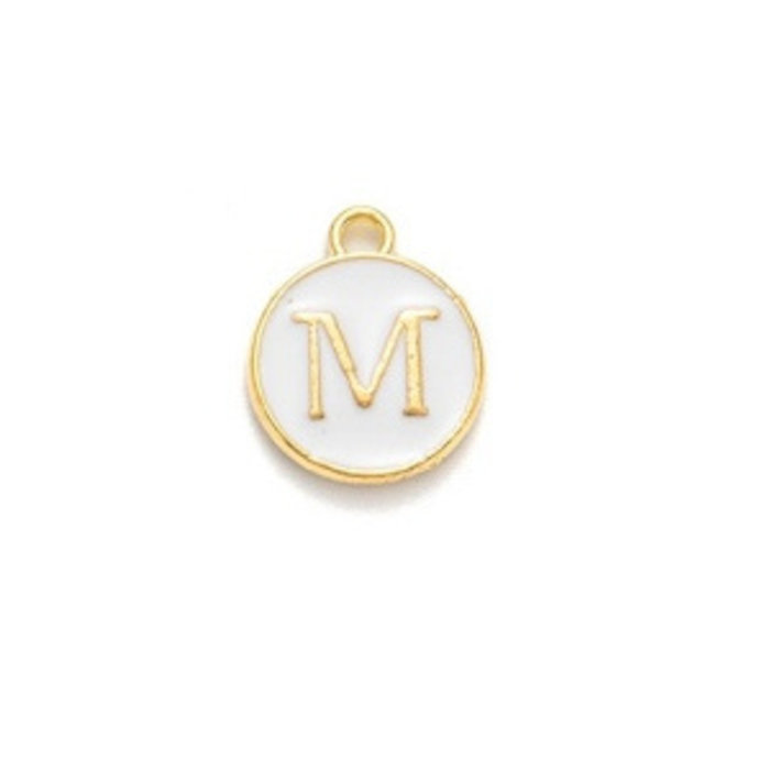 Initial Charm 14x12x2mm White with Golden Letter M