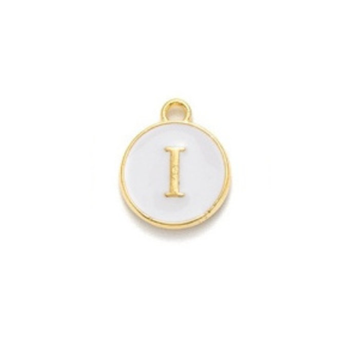 Initial Charm 14x12x2mm White with Golden Letter I
