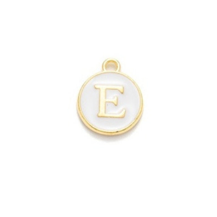 Initial Charm 14x12x2mm White with Golden Letter E