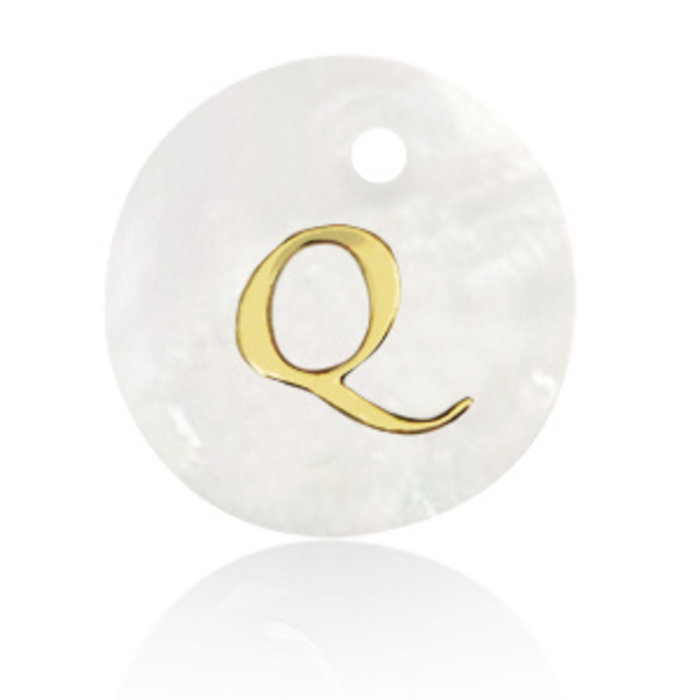 Initial Shell Charm Mother of Pearl White 15x2mm with Golden letter Q