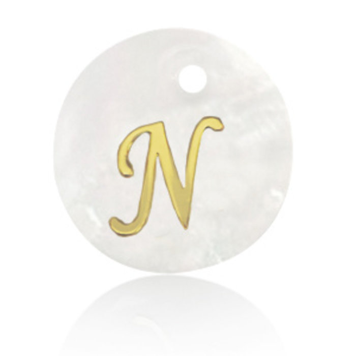 Initial Shell Charm Mother of Pearl White 15x2mm with Golden letter N