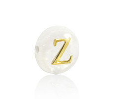 Alphabet Letter Shell Bead Mother of Pearl White 6x4mm with Golden letter Z