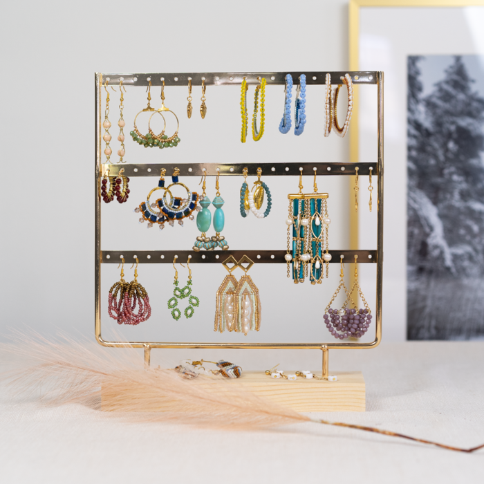 Sieraden Display Standaard 3 Laags voor Oorbellen en Bedels Goud & Hout 28x23cm