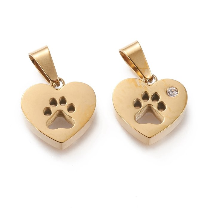 Stainless Steel Charm Dog Paw Gold Plated with Rhinestone 13.5x14mm