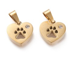 Stainless Steel Charm Dog Paw Gold Plated with Rhinestone 13.5x14mm