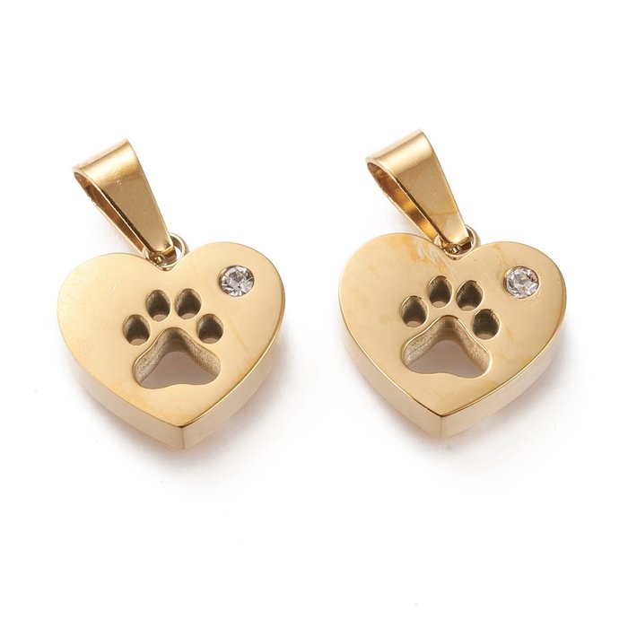 Stainless Steel Charm Dog Paw Gold Plated with Rhinestone 13.5x14mm