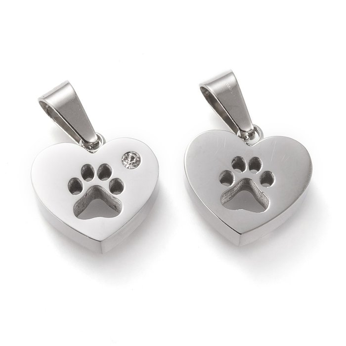 Stainless Steel Charm Dog Paw Silver with Rhinestone 13.5x14mm
