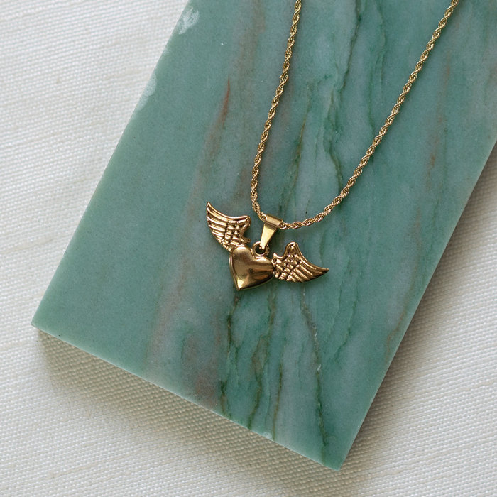 5315 Stainless Steel Bedel Hart met Vleugels Gold Plated 20x40mm