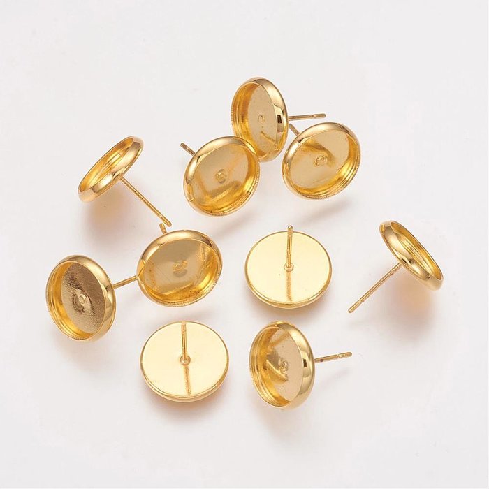 Stud Oorbellen Gold Plated 12mm met setting 10mm Cabochon, Nikkelvrij, 6 stuks