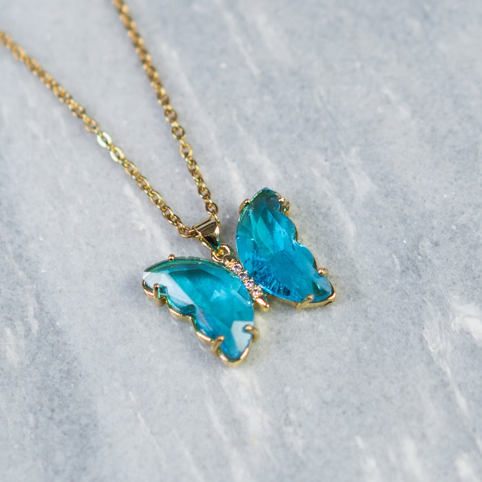 Crystal Glass Bedel Vlinder Met Zirconia Cyaan 20x26x5mm